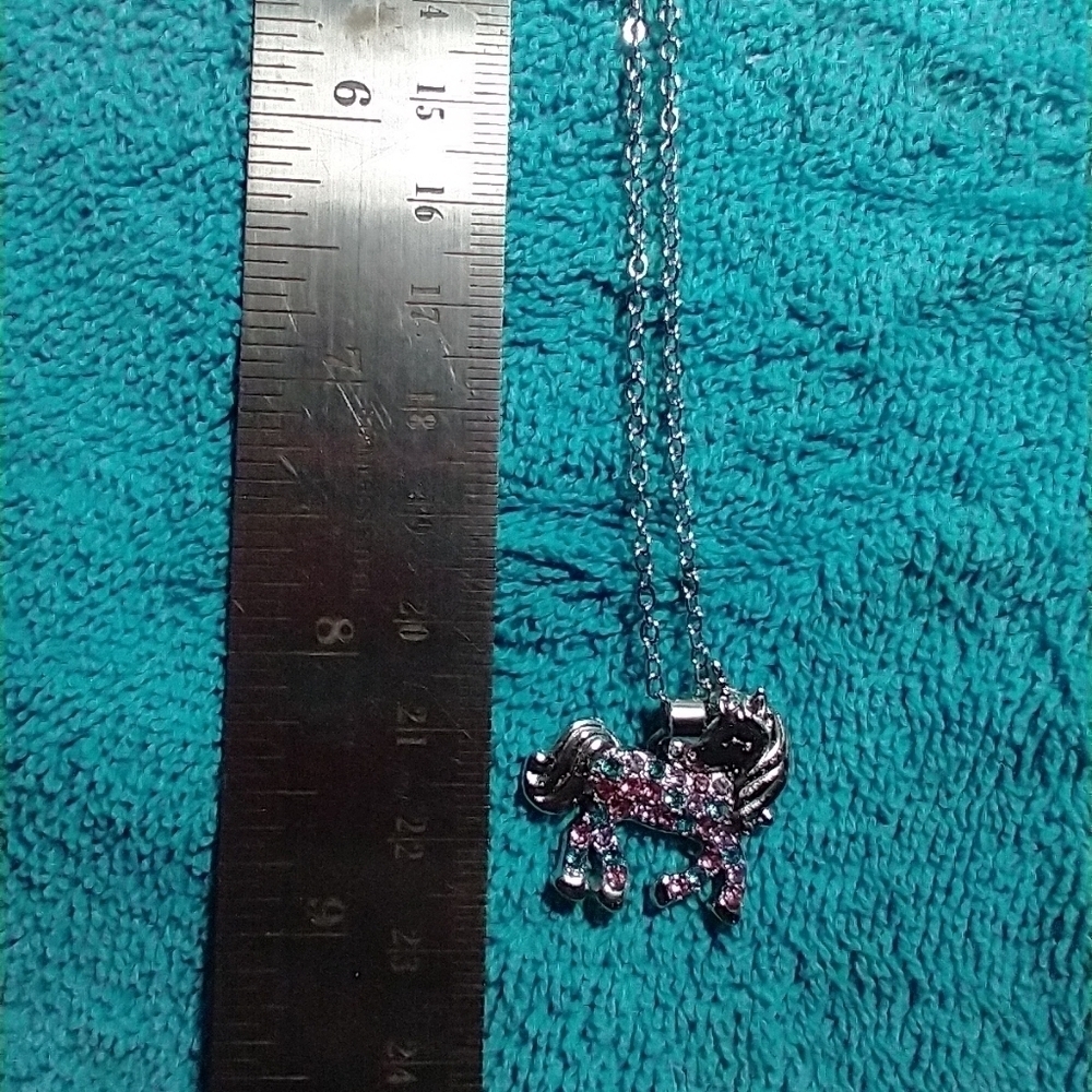 Silvertone colorful rhinestone unicorn chain necklace - Picture 3 of 6